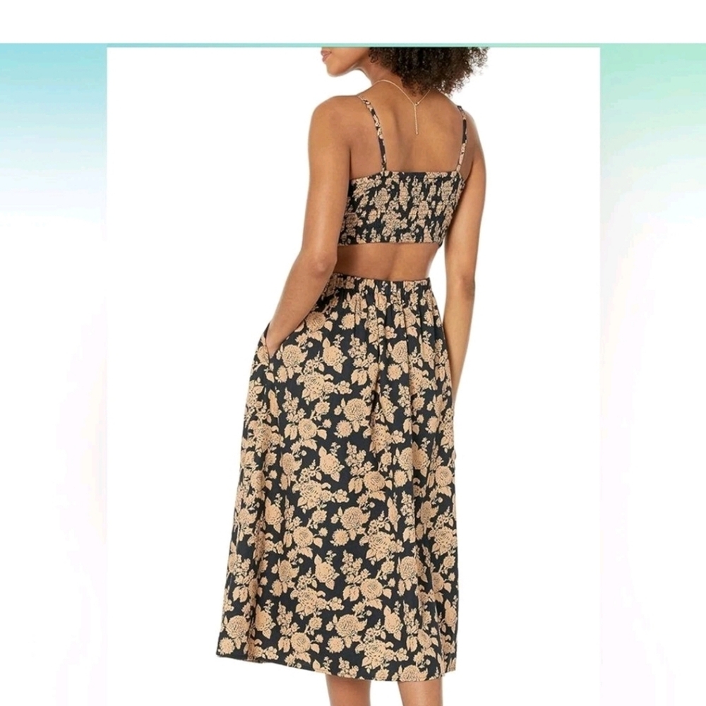 The Drop Floral Spaghetti-Strap Midi Dress in Black and Tan - Picture 6 of 10